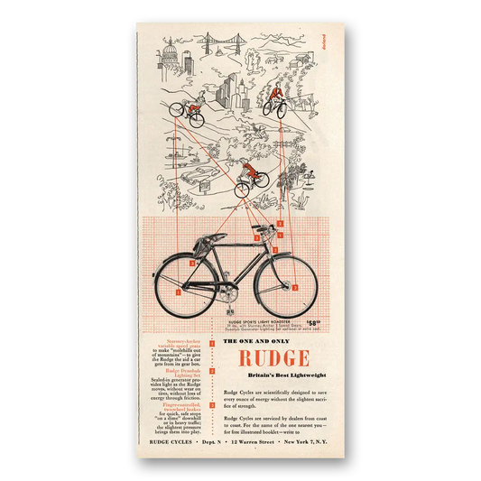 1950 Rudge Bicycles One and Only Vintage Magazine Print Ad