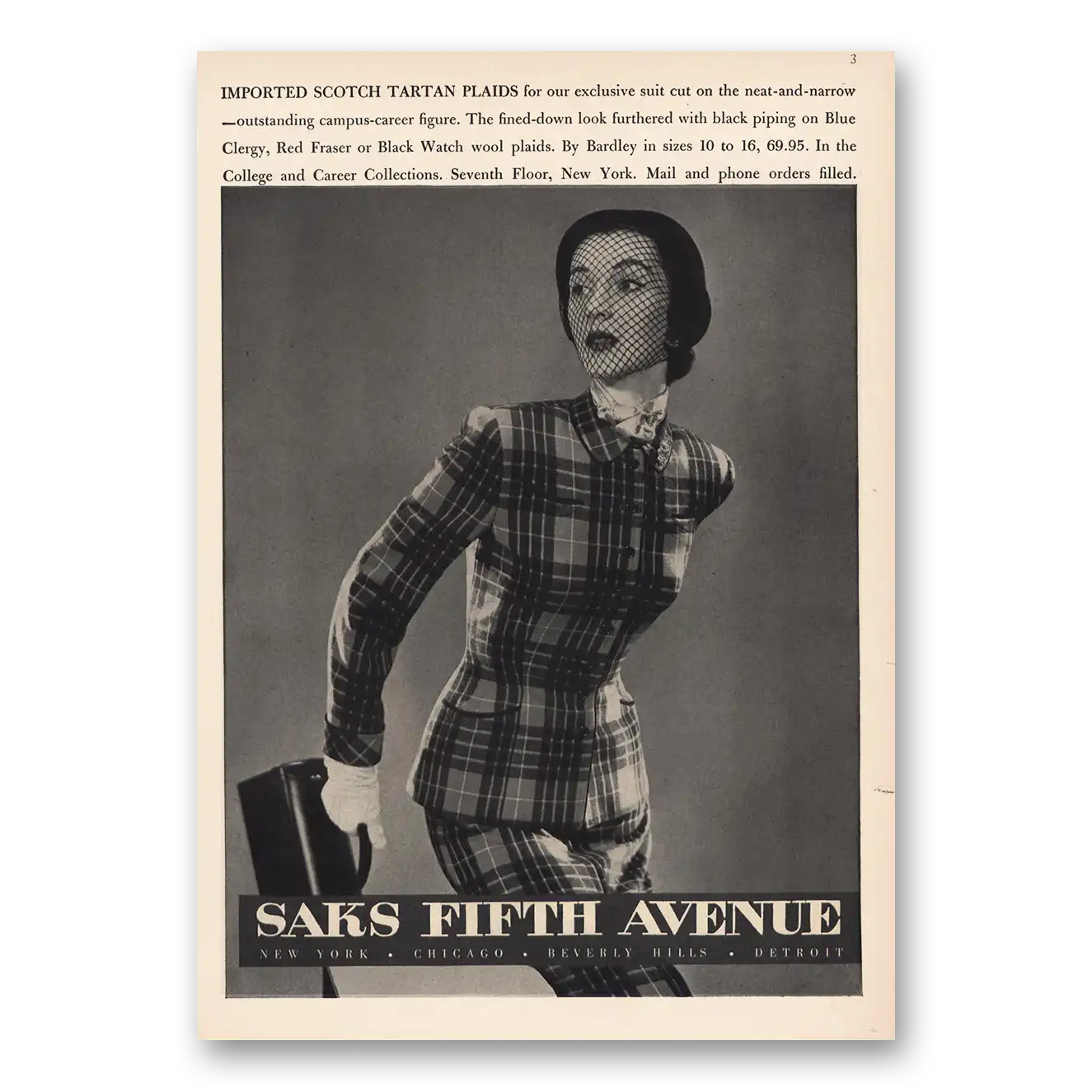 1950 Saks Fifth Avenue Imported Scotch Tartan Plaids Vintage Magazine Print Ad