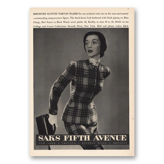 1950 Saks Fifth Avenue Imported Scotch Tartan Plaids Vintage Magazine Print Ad