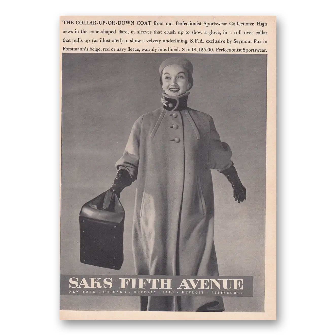 1950 Saks Fifth Avenue Collar Up Or Down Coat Vintage Magazine Print Ad