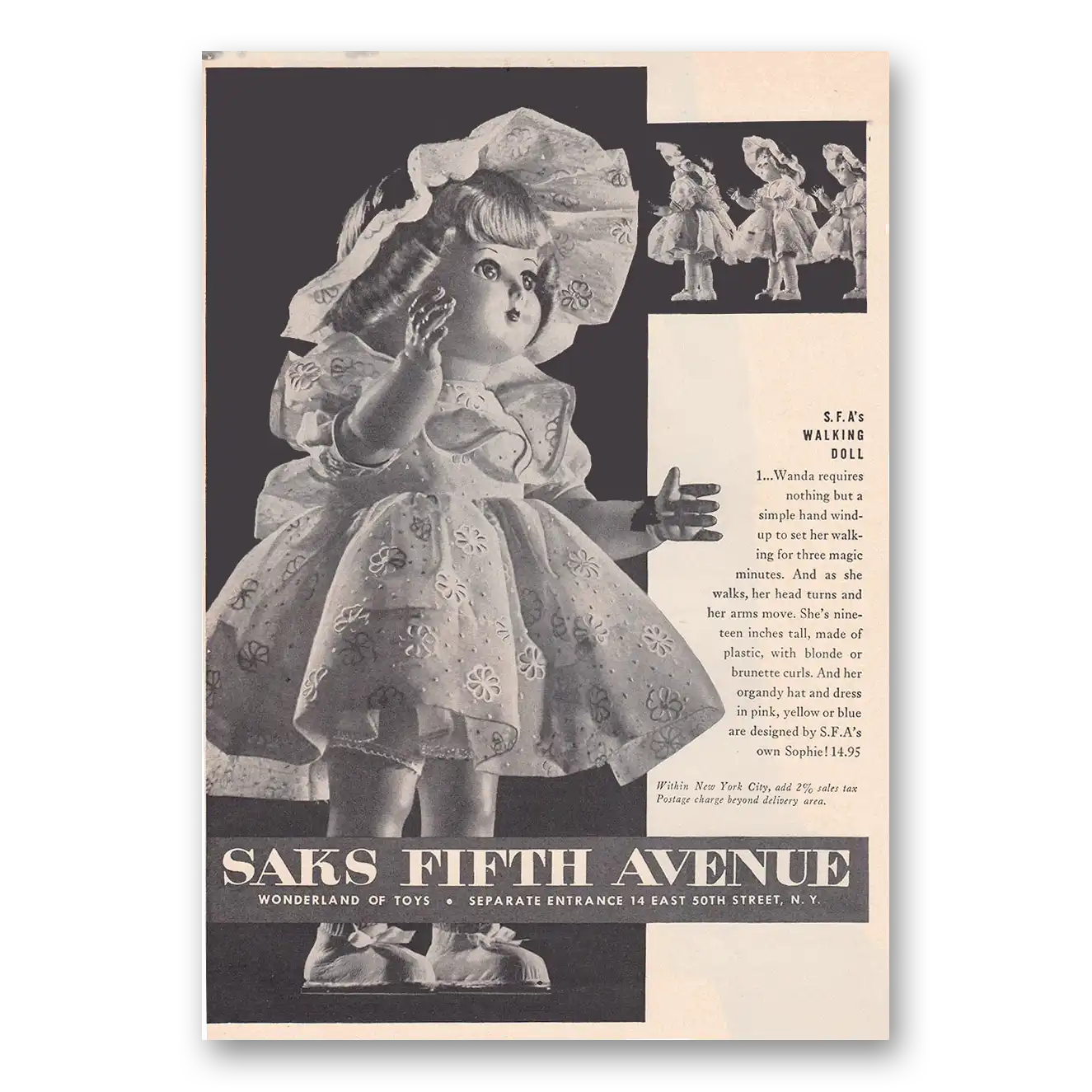 1950 Saks Fifth Avenue SFAs Walking Doll Vintage Magazine Print Ad