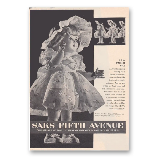 1950 Saks Fifth Avenue SFAs Walking Doll Vintage Magazine Print Ad