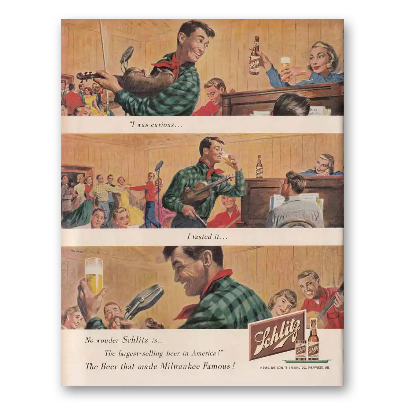 1950 Schlitz Beer I Was Curious Tasted It Vintage Magazine Print Ad