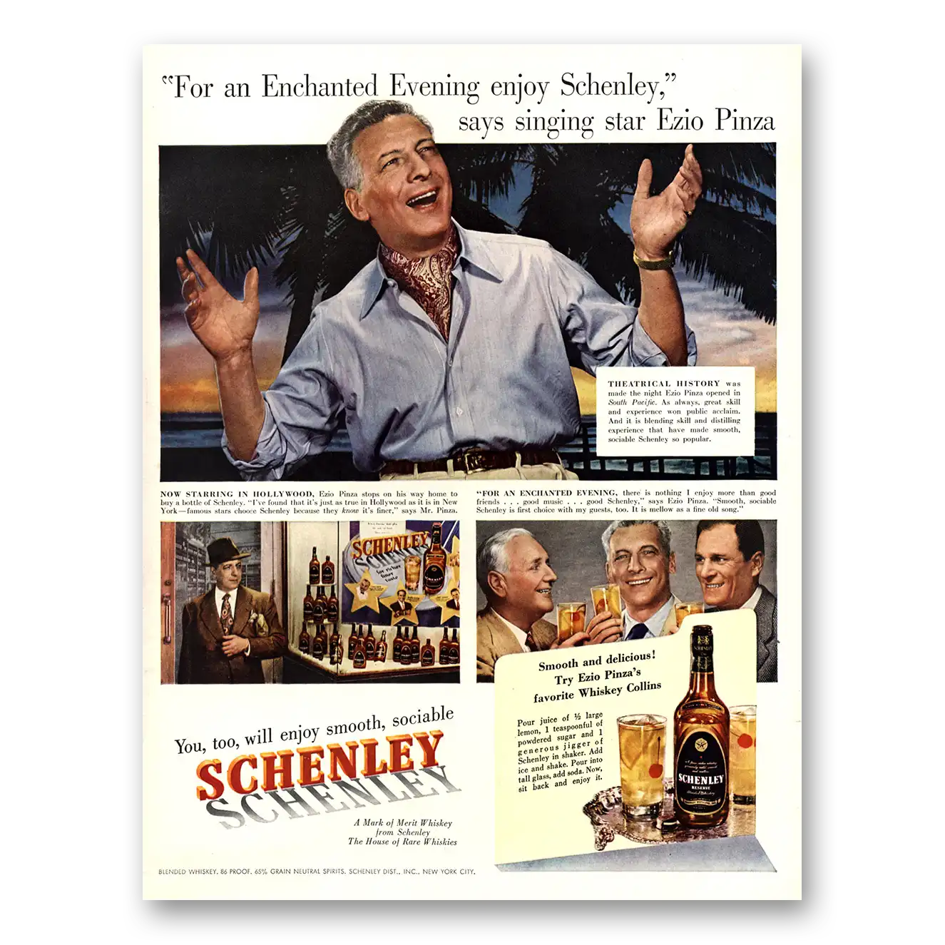 1950 Schenley Whiskey Some Enchanted Evening Ezio Pinza Vintage Magazine Print Ad