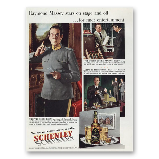 1950 Schenley Whiskey Raymond Massey Stars On Stage Vintage Magazine Print Ad