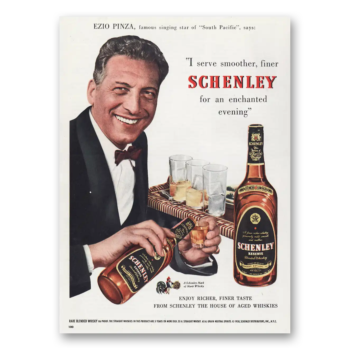 1950 Schenley Whiskey Ezio Pinza South Pacific Vintage Magazine Print Ad