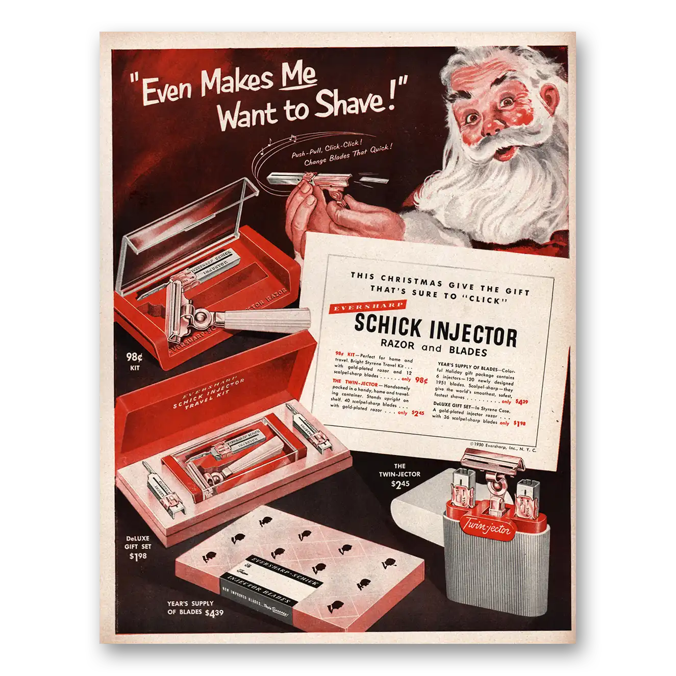 1950 Schick Injector Razor Even Makes Me Want to Shave Santa Claus Vintage Magazine Print Ad