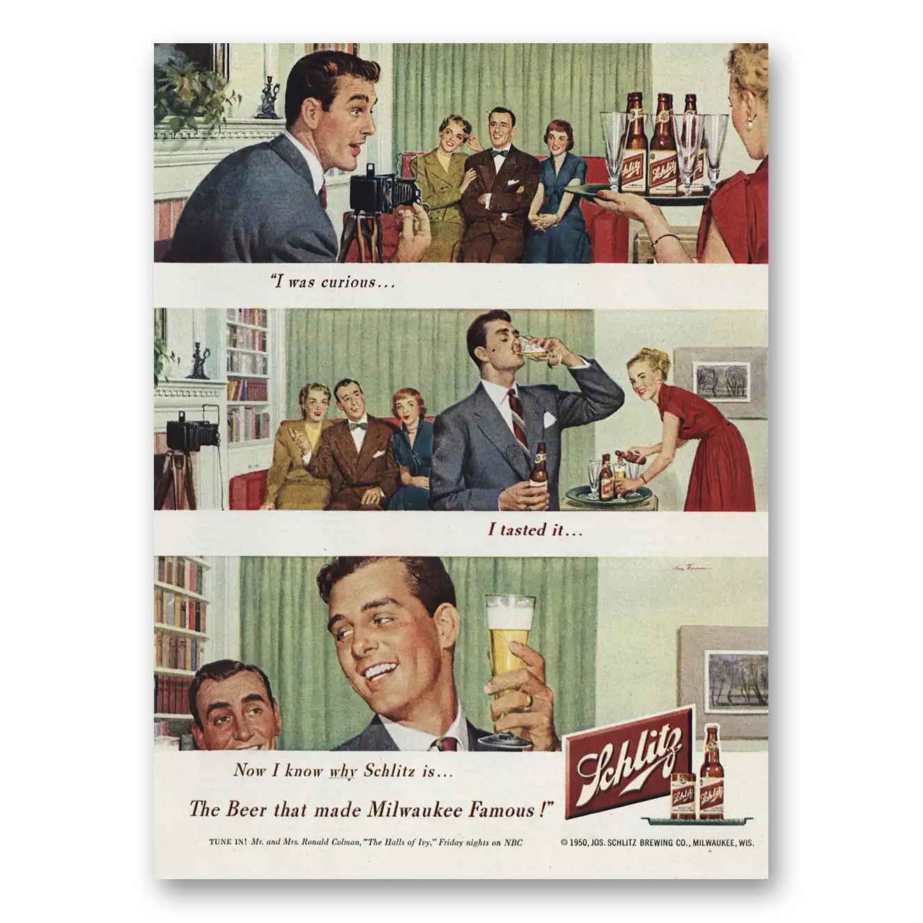 1950 Schlitz Beer I Was Curious I Tasted It Vintage Magazine Print Ad