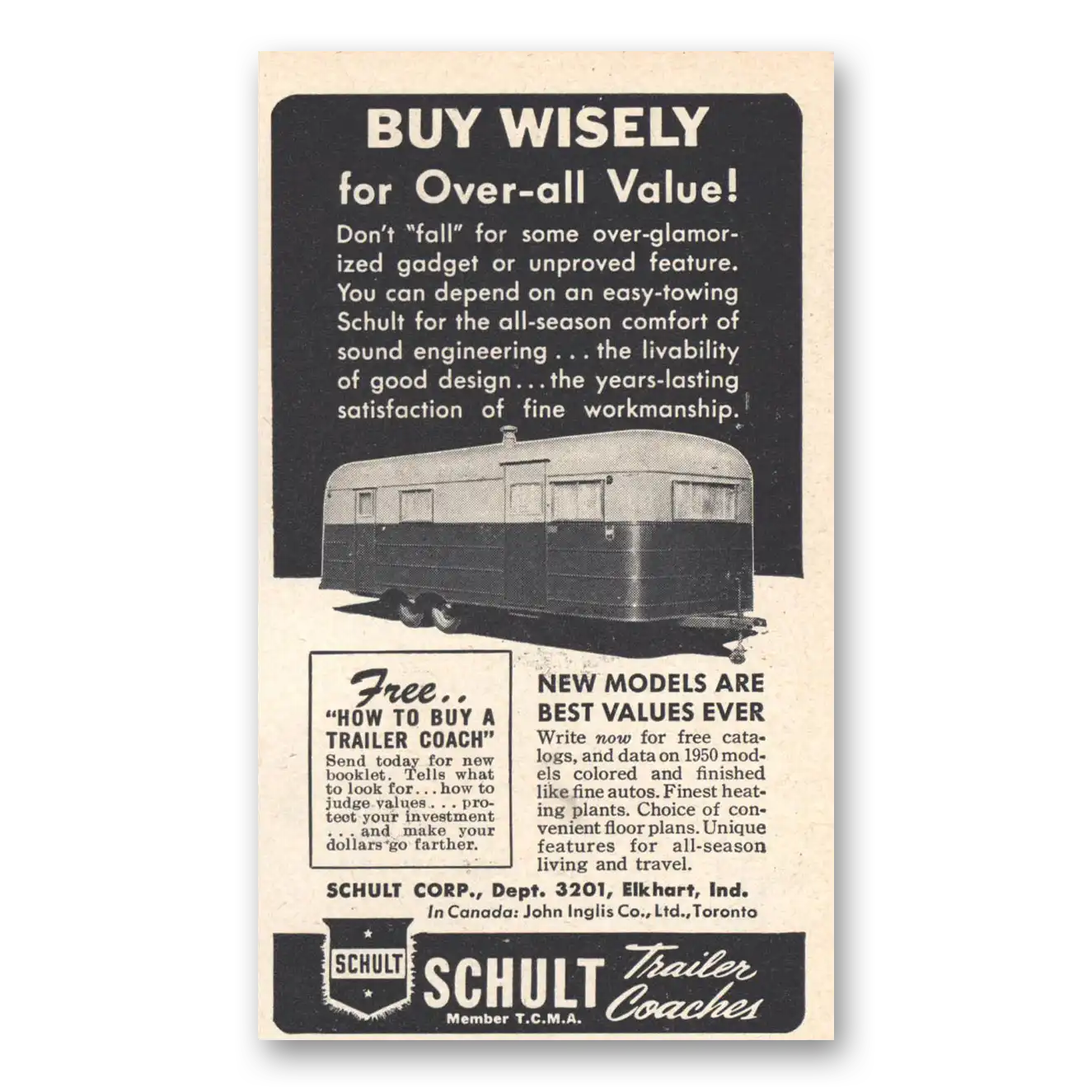 1950 Schult Trailer Coaches Buy Wisely Vintage Magazine Print Ad