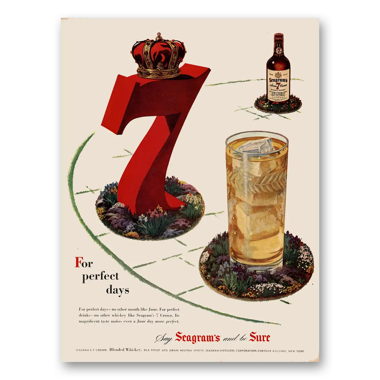 1950 Seagrams 7 Crown Whiskey For Perfect Days Vintage Magazine Print Ad