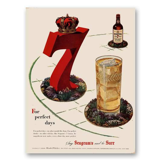 1950 Seagrams 7 Crown Whiskey For Perfect Days Vintage Magazine Print Ad