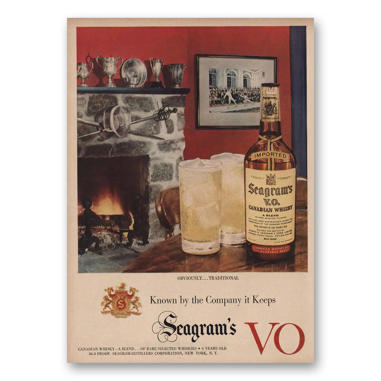 1950 Seagrams VO Whisky Fireplace Obviously Traditional Vintage Magazine Print Ad