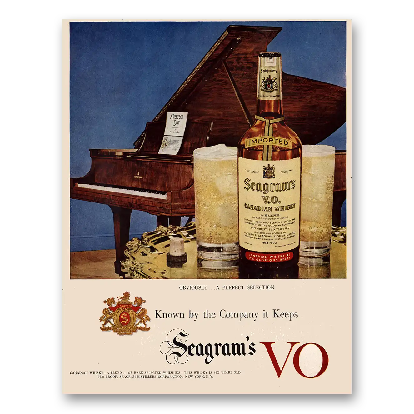 1950 Seagrams VO Whisky Known by the Company It Keeps Piano Vintage Magazine Print Ad