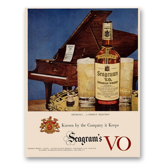 1950 Seagrams VO Whisky Known by the Company It Keeps Piano Vintage Magazine Print Ad