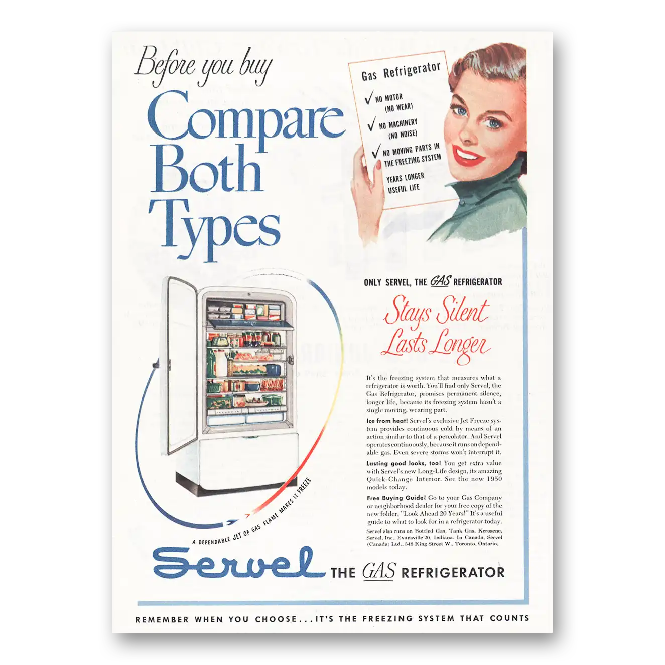 1950 Servel Refrigerator Compare Both Types Vintage Magazine Print Ad