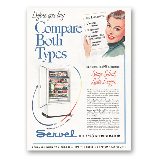 1950 Servel Refrigerator Compare Both Types Vintage Magazine Print Ad