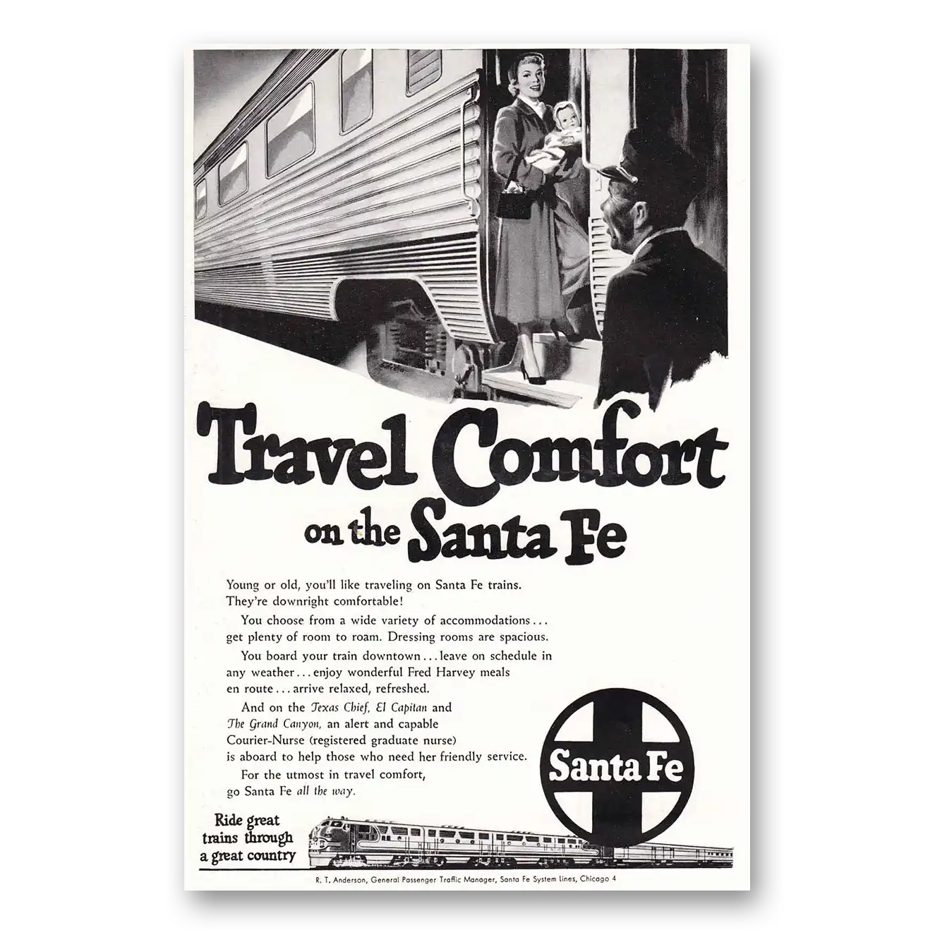 1950 Santa Fe Railway Travel Comfort Vintage Magazine Print Ad