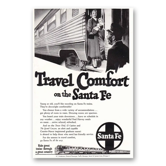 1950 Santa Fe Railway Travel Comfort Vintage Magazine Print Ad