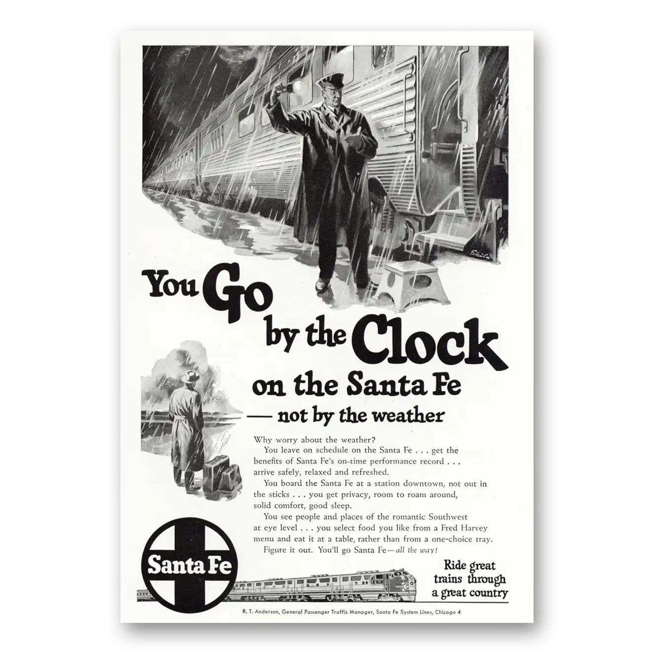 1950 Santa Fe Railway You Go By the Clock Vintage Magazine Print Ad