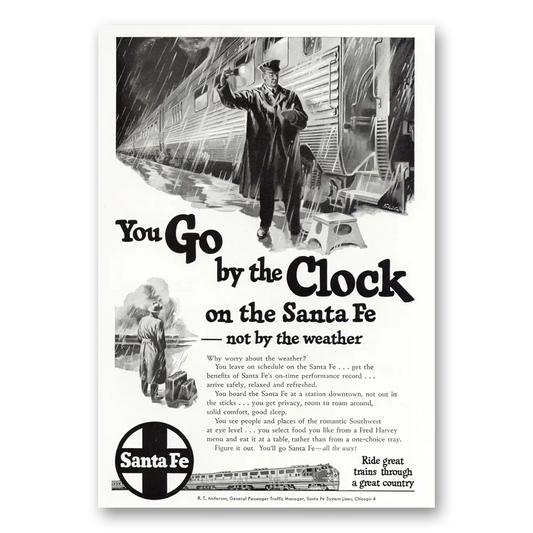 1950 Santa Fe Railway You Go By the Clock Vintage Magazine Print Ad