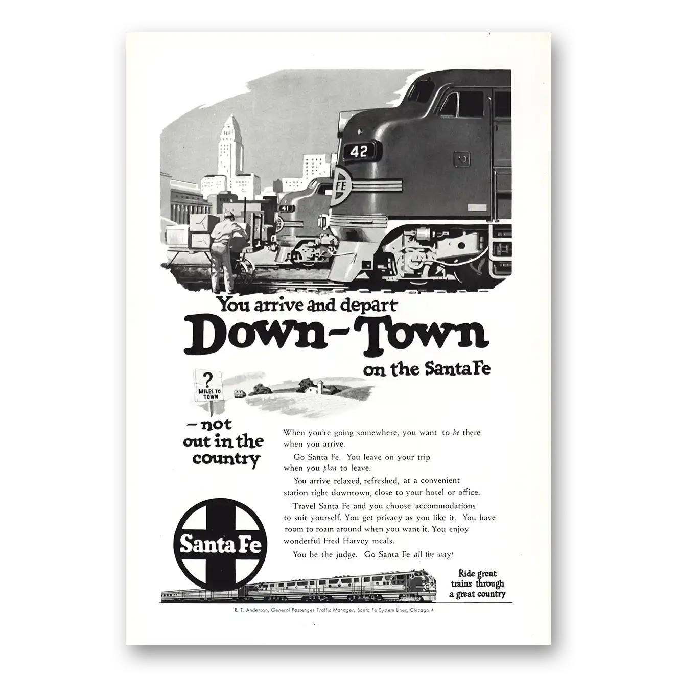 1950 Santa Fe Railway Downtown Vintage Magazine Print Ad