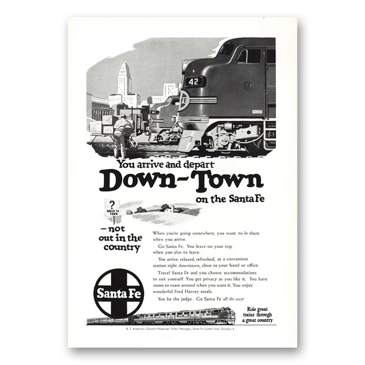 1950 Santa Fe Railway Downtown Vintage Magazine Print Ad