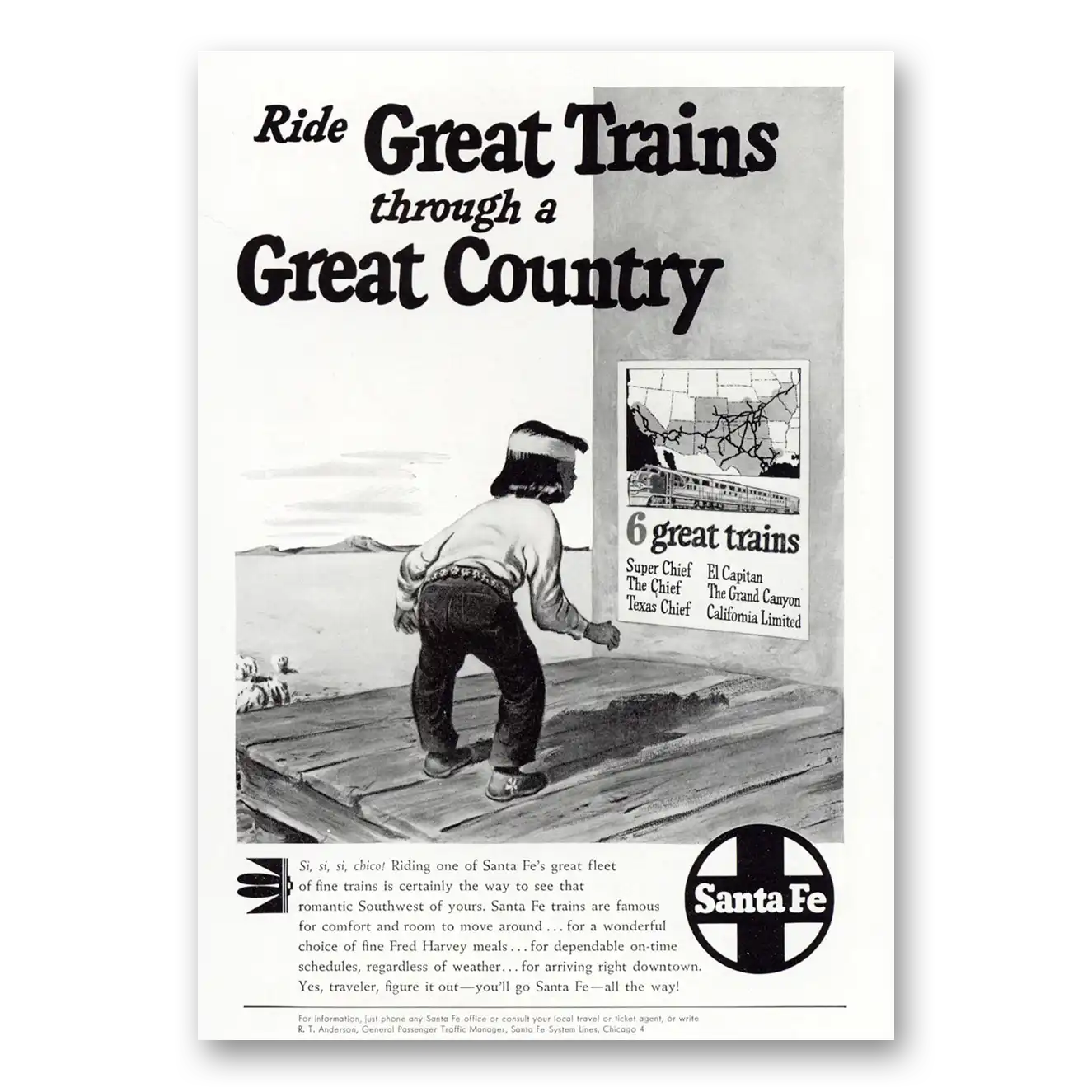 1950 Santa Fe Railway Great Trains Through a Great Country Vintage Magazine Print Ad