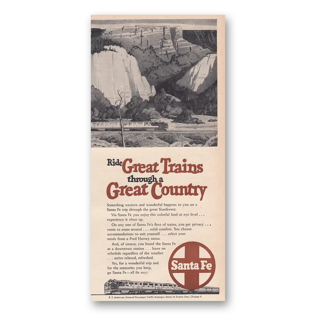 1950 Santa Fe Railway Great Trains Through a Great Country Vintage Magazine Print Ad