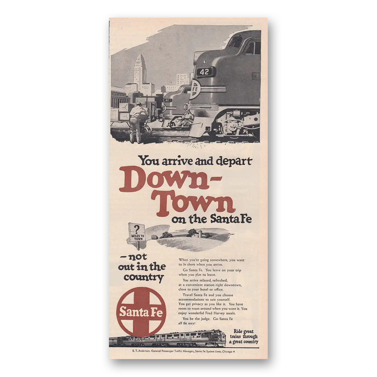 1950 Santa Fe Railway You Arrive and Depart Downtown Vintage Magazine Print Ad