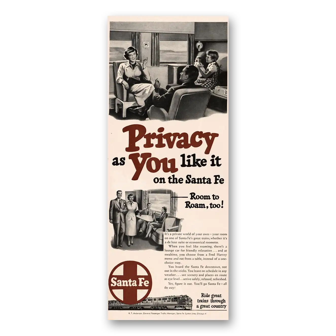 1950 Santa Fe Railway Privacy As You Like It On the Santa Fe Vintage Magazine Print Ad