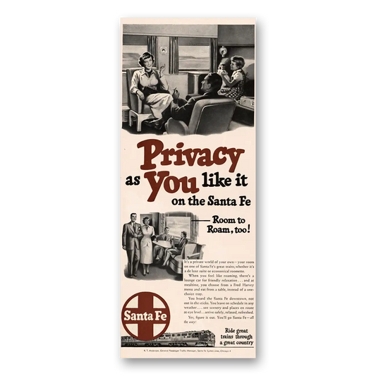 1950 Santa Fe Railway Privacy As You Like It On the Santa Fe Vintage Magazine Print Ad