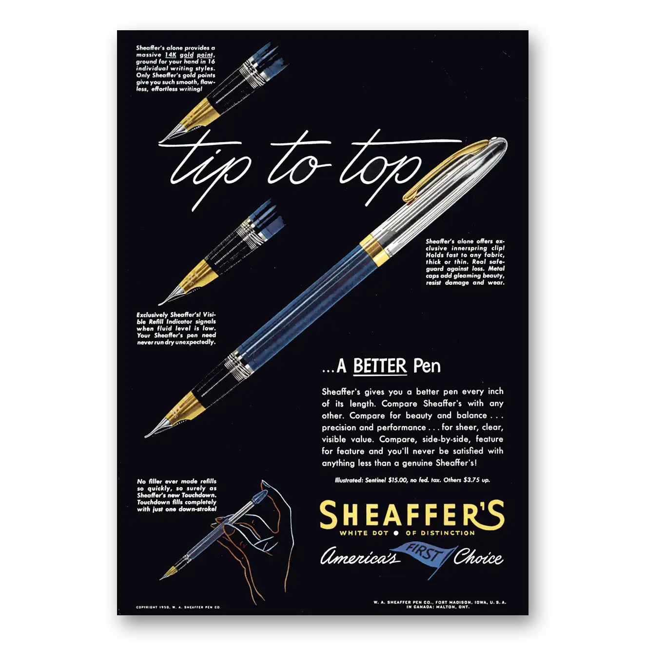 1950 Sheaffer Pen Tip to Top Vintage Magazine Print Ad