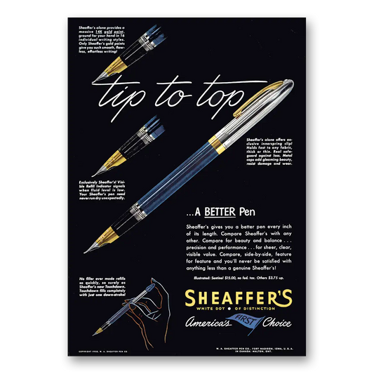 1950 Sheaffer Pen Tip to Top Vintage Magazine Print Ad