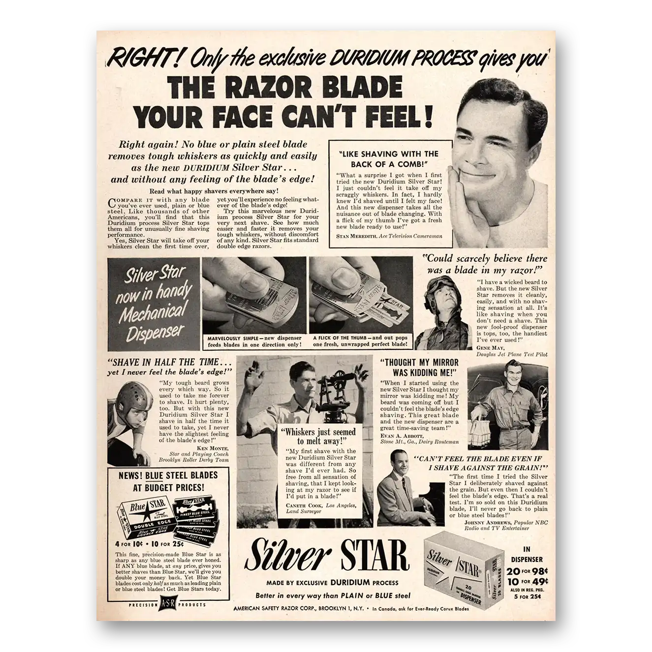 1950 Silver Star Razor Blade Your Face Can't Feel Vintage Magazine Print Ad