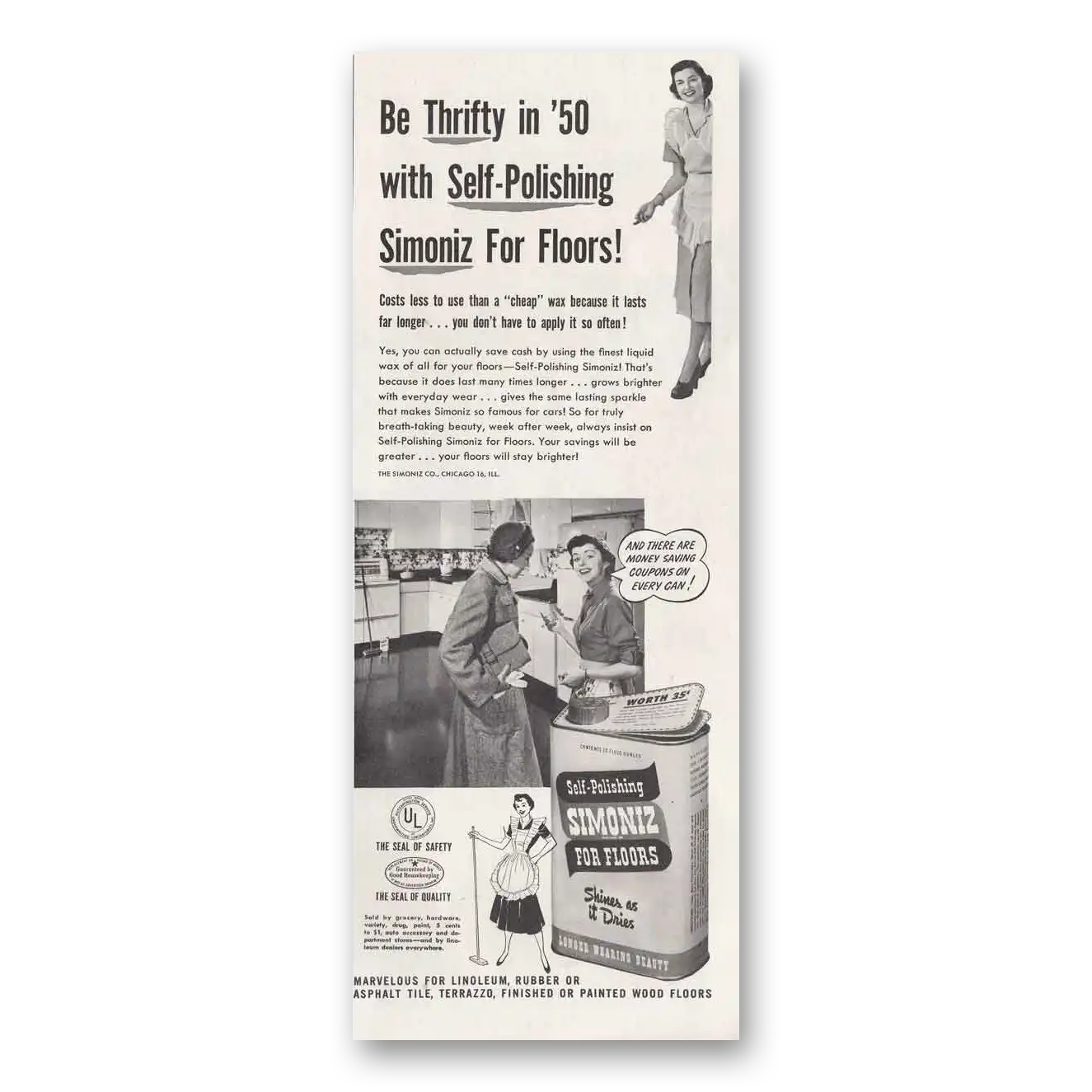 1950 Simoniz Floor Wax Self Polishing Simonizing for Floors Vintage Magazine Print Ad