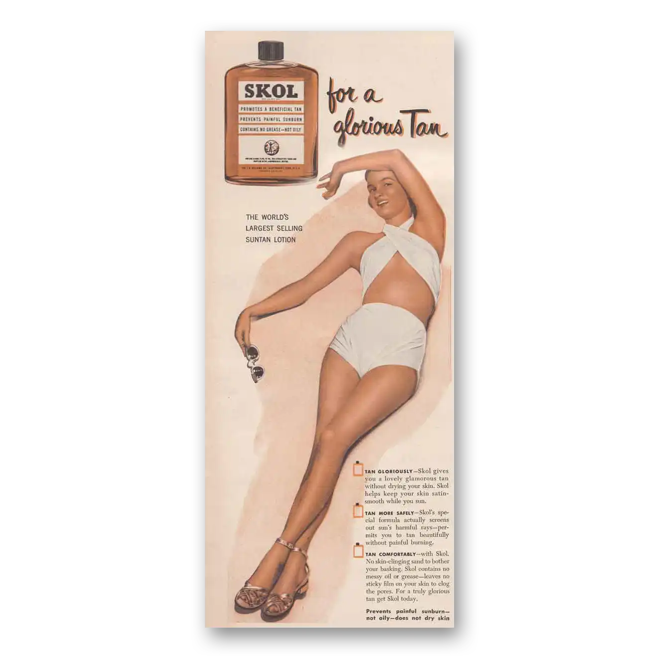 1950 Skol Sun Tan Lotion For a Glorious Tan Vintage Magazine Print Ad