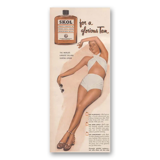 1950 Skol Sun Tan Lotion For a Glorious Tan Vintage Magazine Print Ad