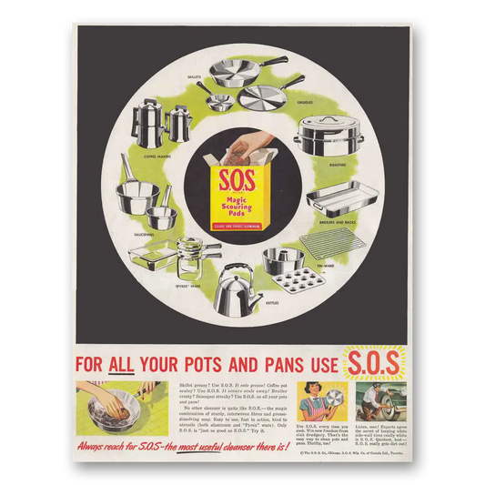 1950 SOS Scouring Pads For All Your Pots and Pans Vintage Magazine Print Ad