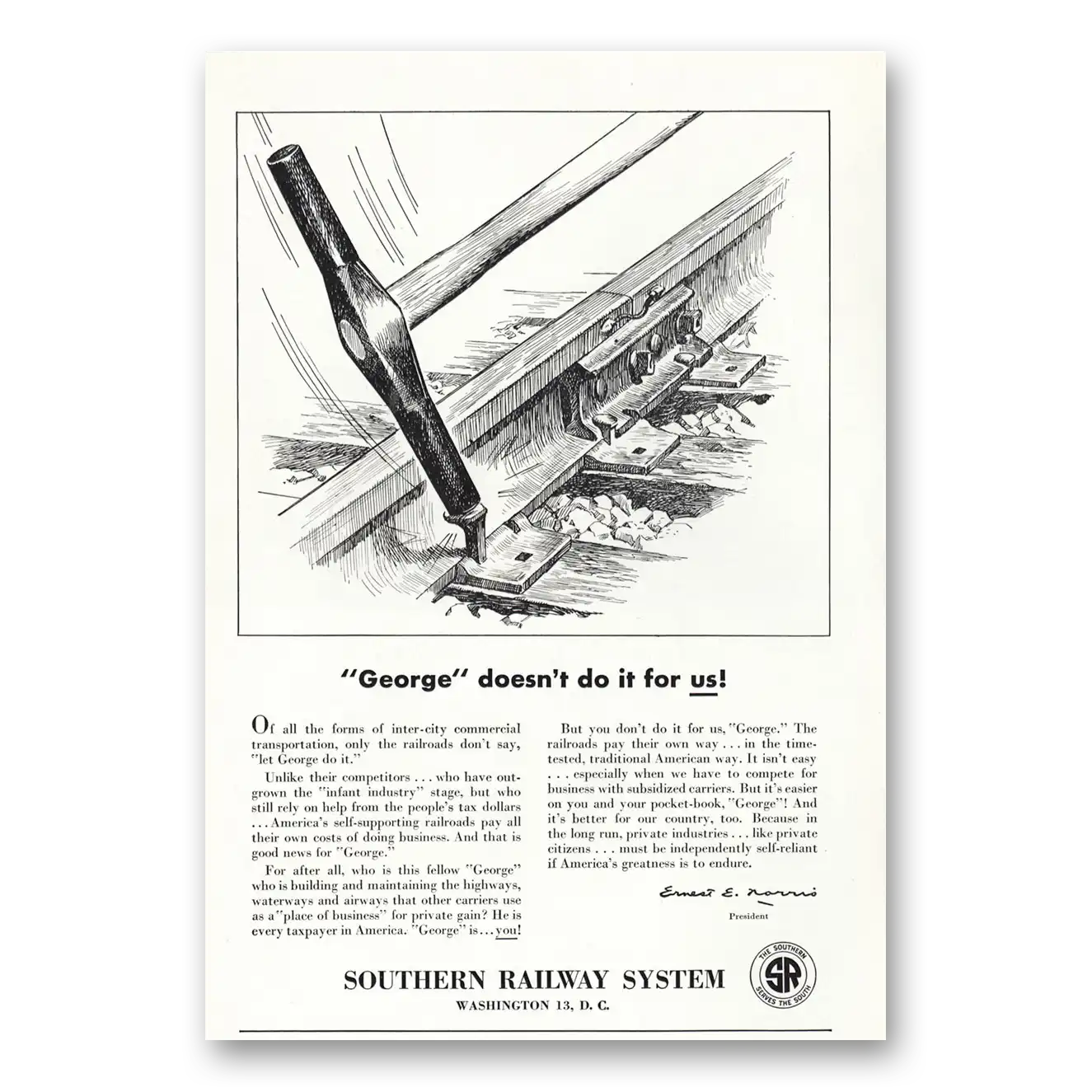 1950 Southern Railway George Doesnt Do It For Us Vintage Magazine Print Ad