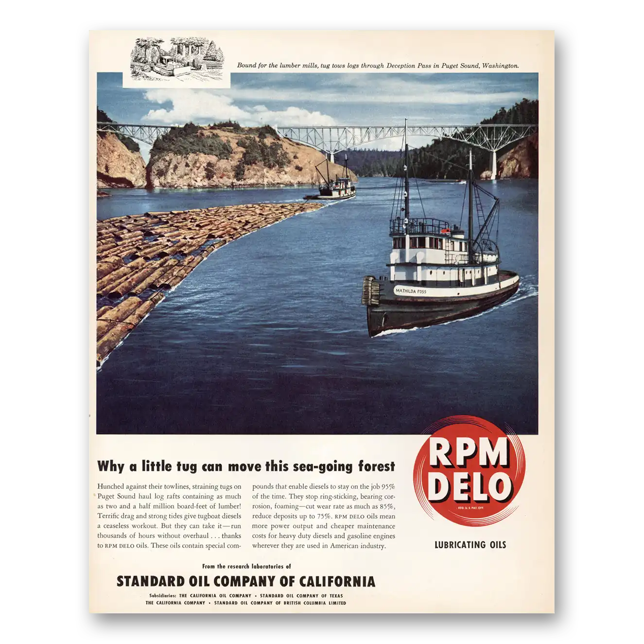 1950 RPM DELO Oil Deception Pass Puget Sound Vintage Magazine Print Ad