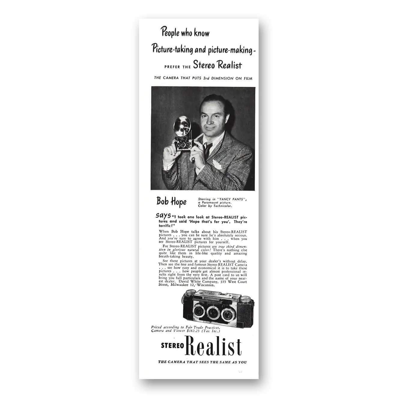 1950 Stereo Realist Camera Bob Hope Vintage Magazine Print Ad