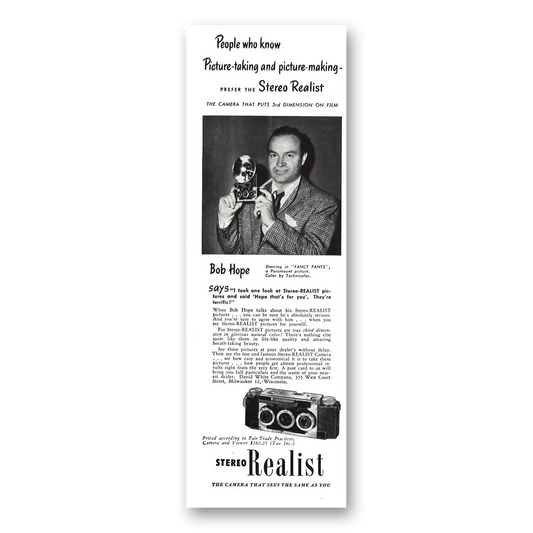 1950 Stereo Realist Camera Bob Hope Vintage Magazine Print Ad