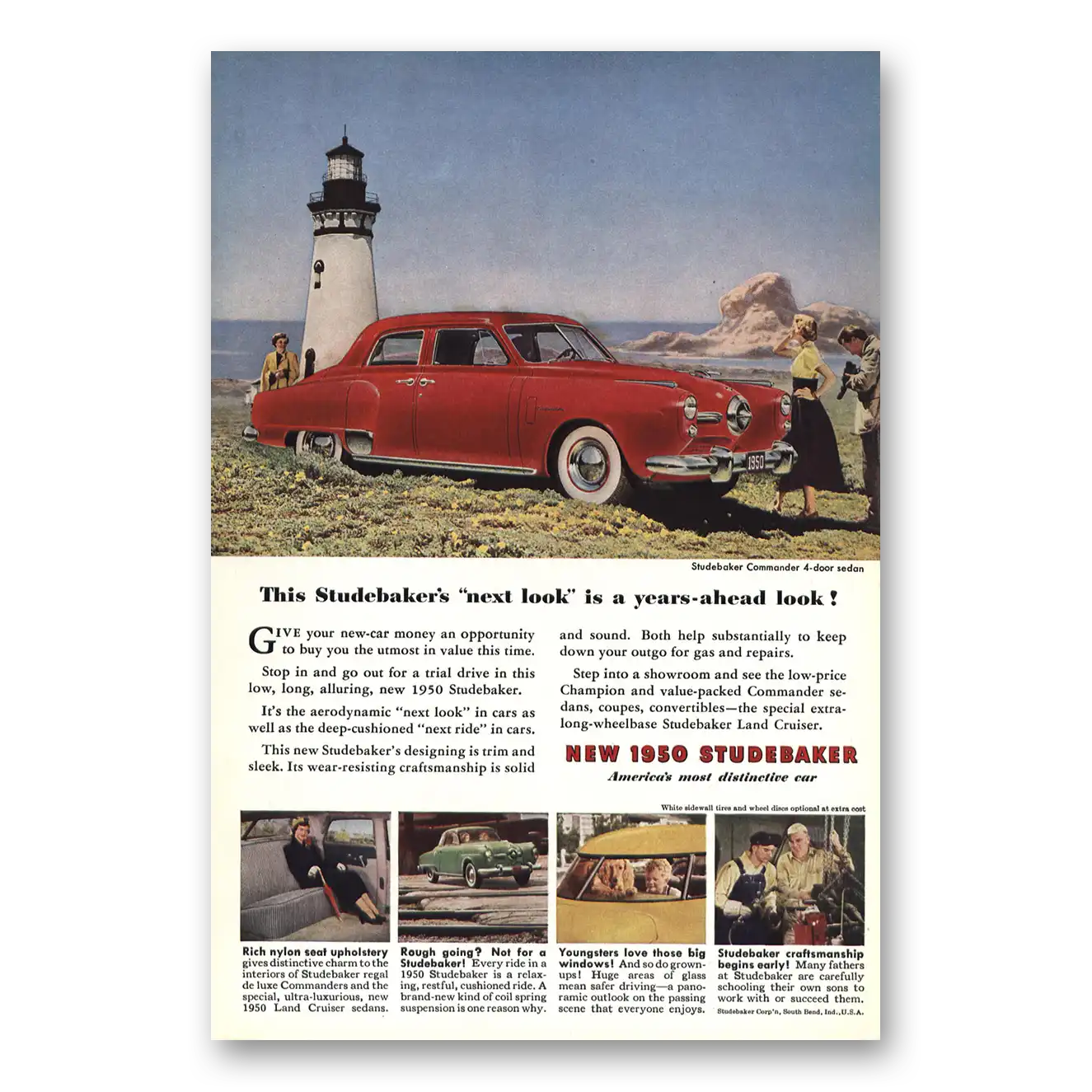 1950 Studebaker Commander New Look Years Ahead Lighthouse Vintage Magazine Print Ad