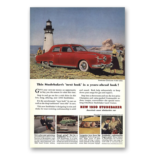 1950 Studebaker Commander New Look Years Ahead Lighthouse Vintage Magazine Print Ad