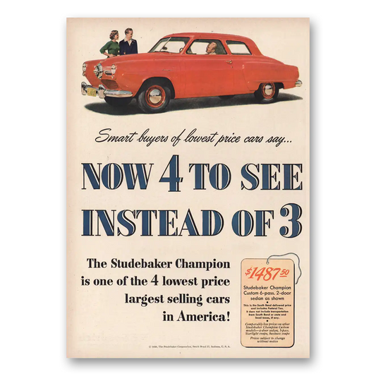 1950 Studebaker Champions Champion Now 4 To See Instead of 3 Vintage Magazine Print Ad