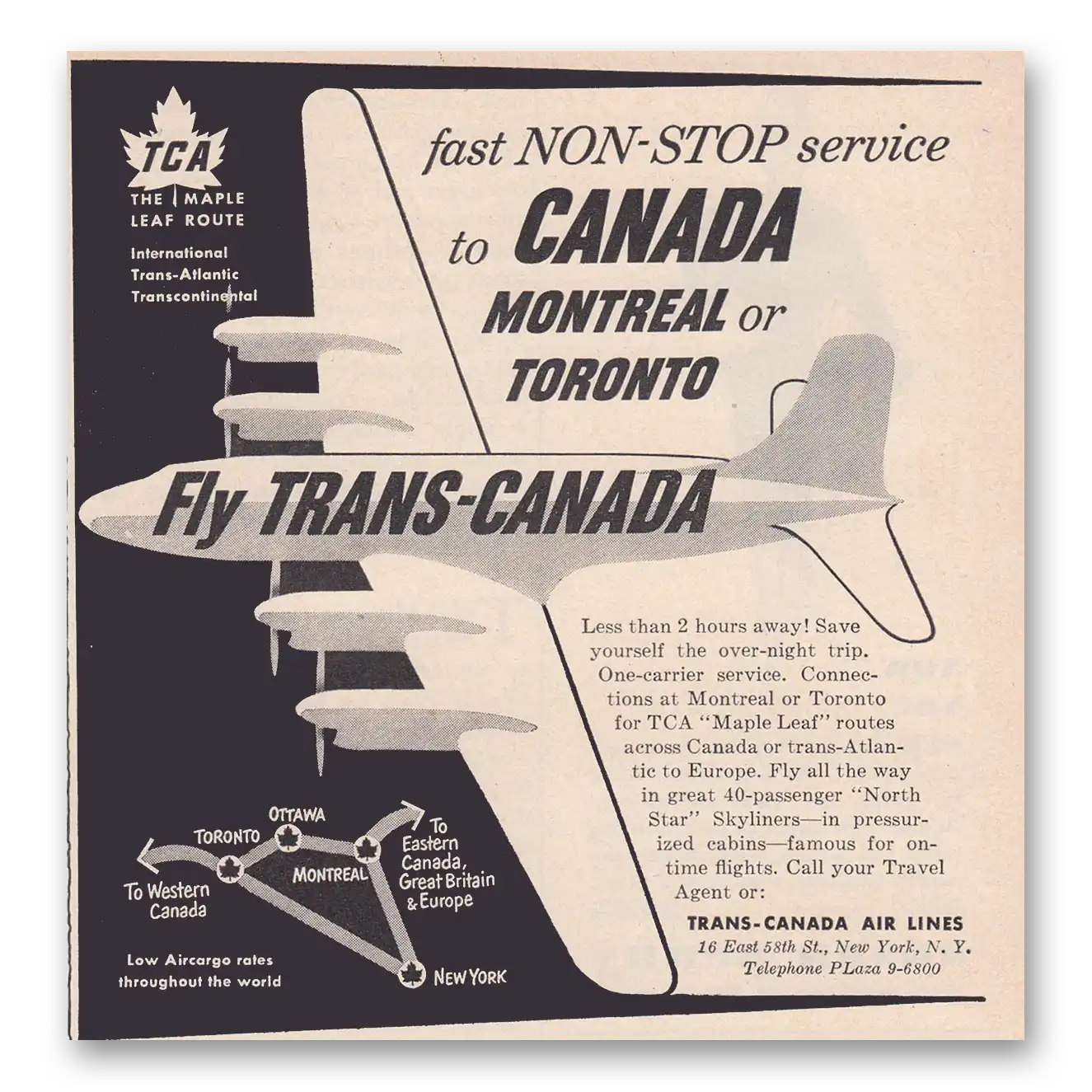 1950 TCA Air Canada First Non Stop Service to Canada Vintage Magazine Print Ad