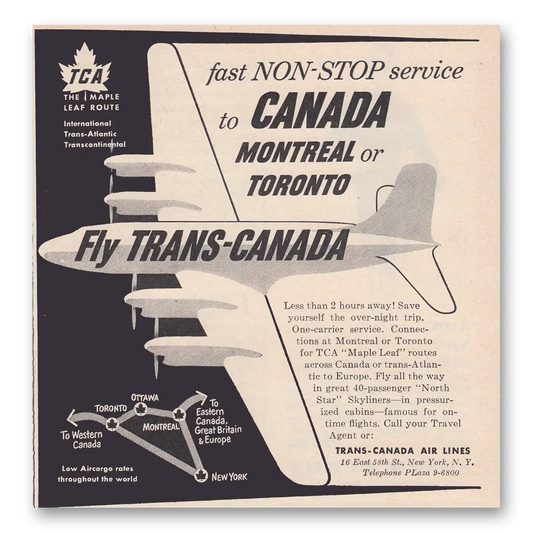 1950 TCA Air Canada First Non Stop Service to Canada Vintage Magazine Print Ad