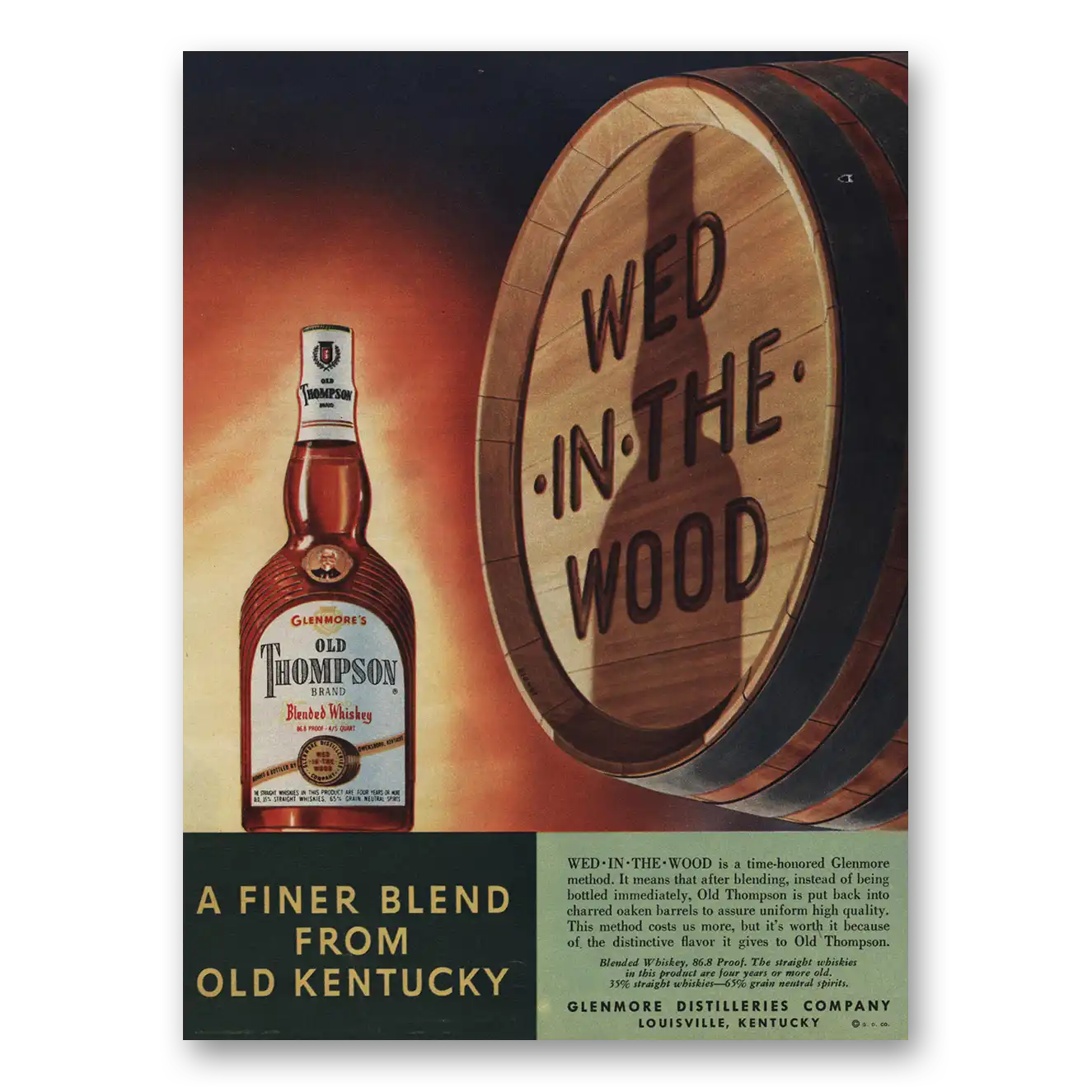 1950 Old Thompson Whiskey Wed In the Wood Vintage Magazine Print Ad