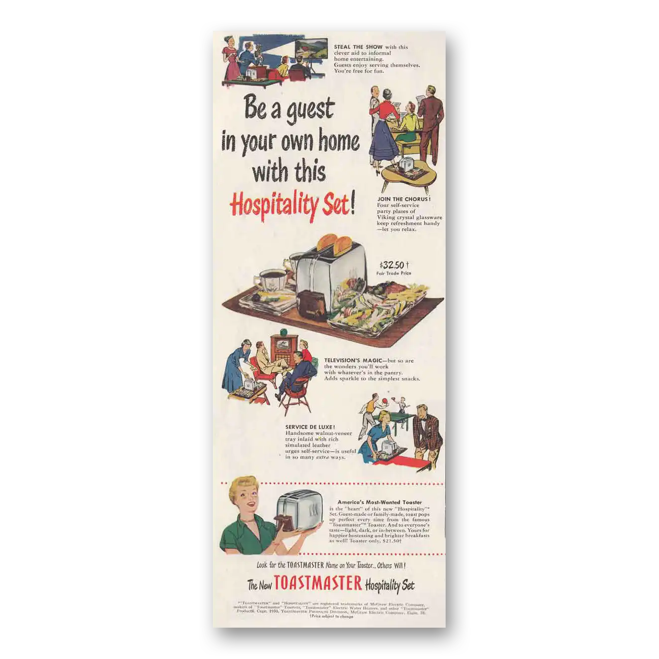 1950 Toastmaster Toaster Hospitality Set Be A Guest Vintage Magazine Print Ad