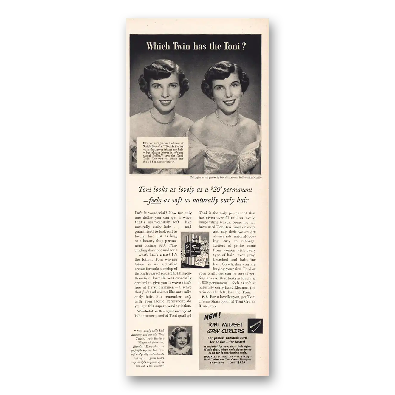 1950 Toni Home Permanent Which Twin Has the Toni Vintage Magazine Print Ad